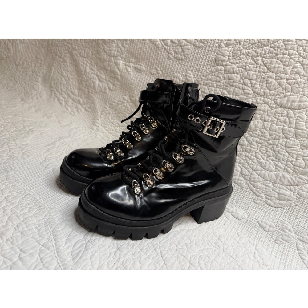 Jeffrey Campbell Czech Black Patent Combat Boots Platform Lug Sole Womens 9M